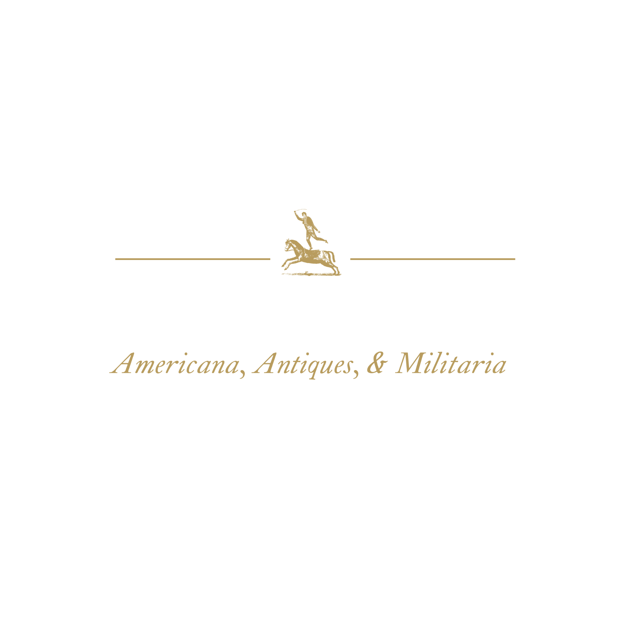 Black background with gold and white text and graphics promoting Sheridan & Co., American antiques and militaria, featuring a gold illustration of a soldier on horseback.