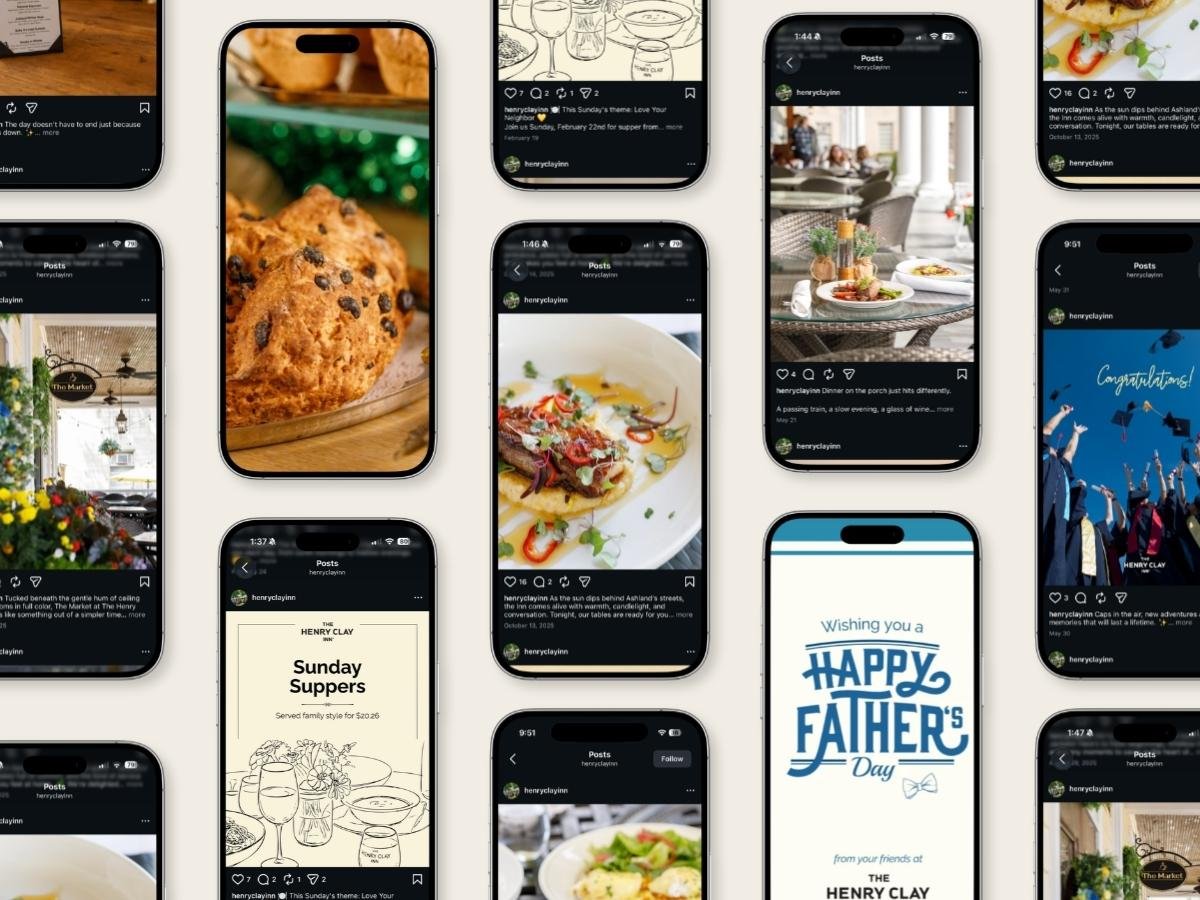 Multiple smartphones displaying social media posts, photos of food, a celebration card for Father's Day, and images of a restaurant or cafe setting.
