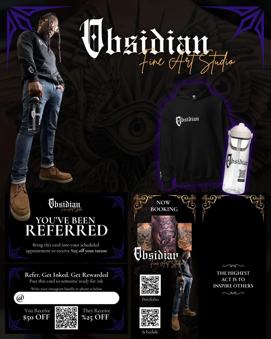 Promotional flyer for Osidian Fine Art Studio featuring tattoo artist photo, branded hoodie, water bottle, referral card offering discounts, and social media QR codes.