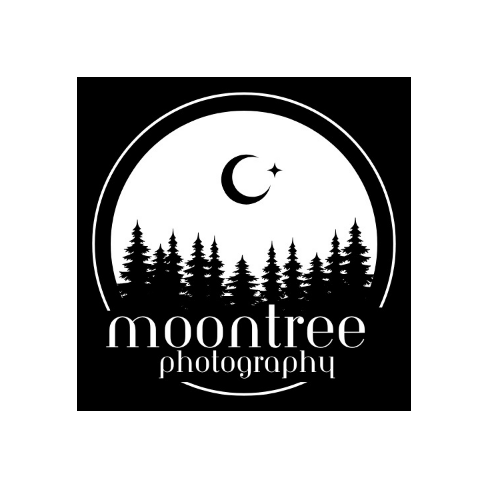 Black and white logo of a circular design with a crescent moon and star inside, trees below, and the words 'moontribe photography' underneath.