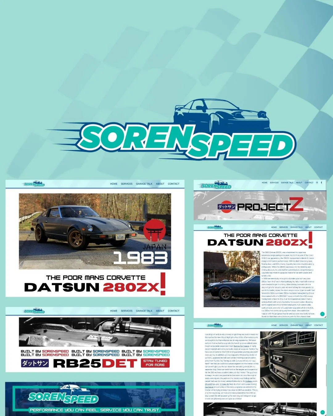Logo for Sorenspeed, an automotive website featuring images and articles about cars including a classic Datsun 280ZX and a Corvette, with a blue car silhouette and racing lines.