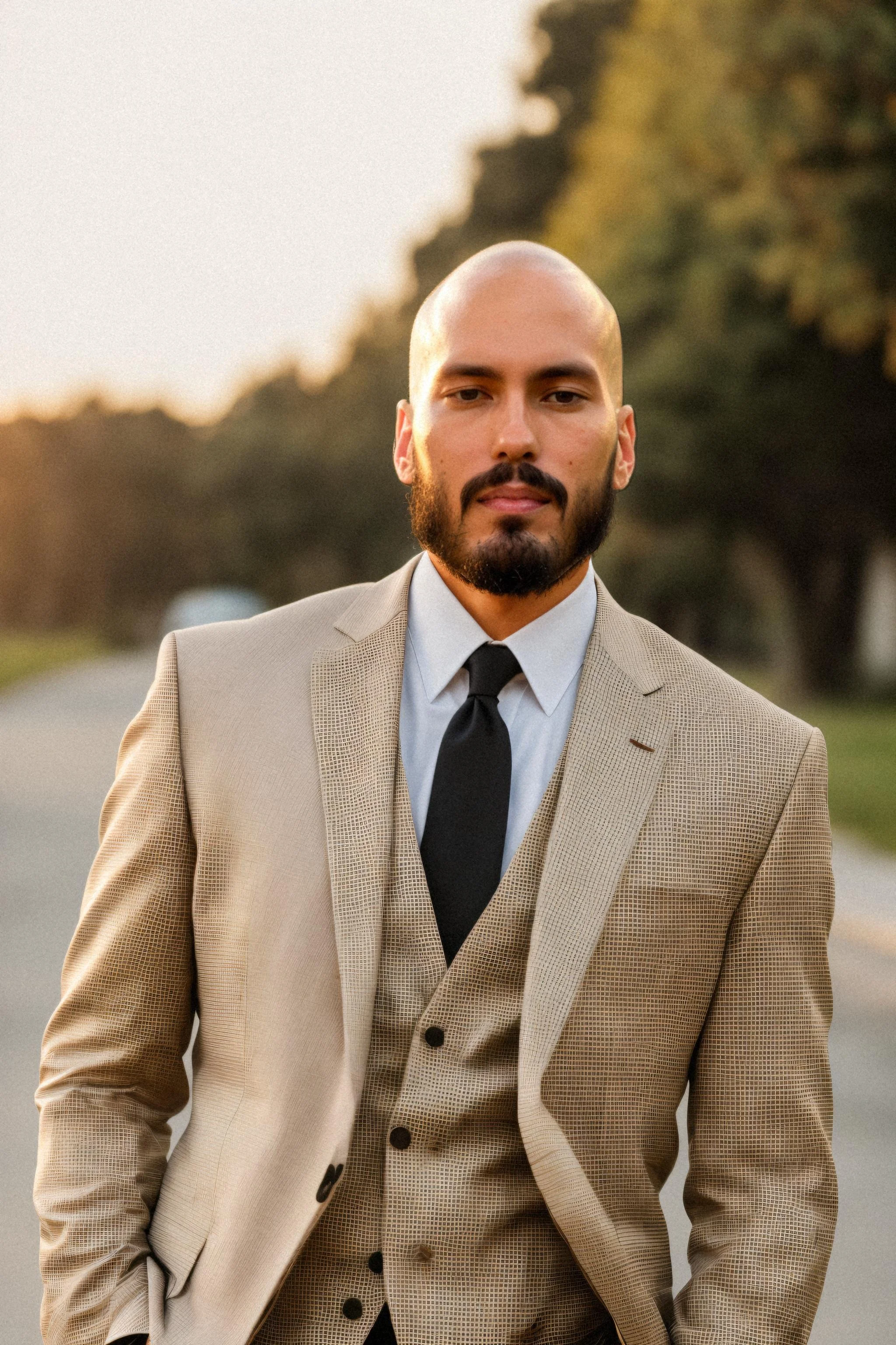 A man in a tan checked suit, white shirt, and black tie standing outdoors during golden hour with trees in the background.