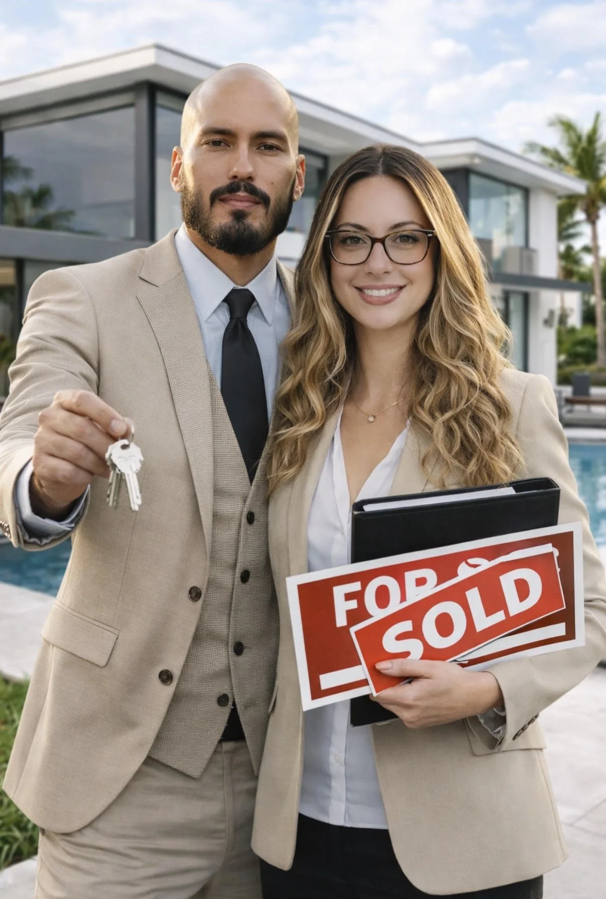 William Merchant, REALTOR® with RE/MAX Gold, and a happy client holding a Sold sign in front of a modern home