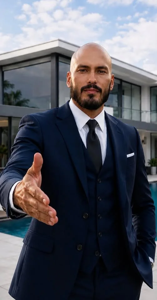 William Merchant, REALTOR® with RE/MAX Gold, offering a handshake in front of a modern luxury home with a pool