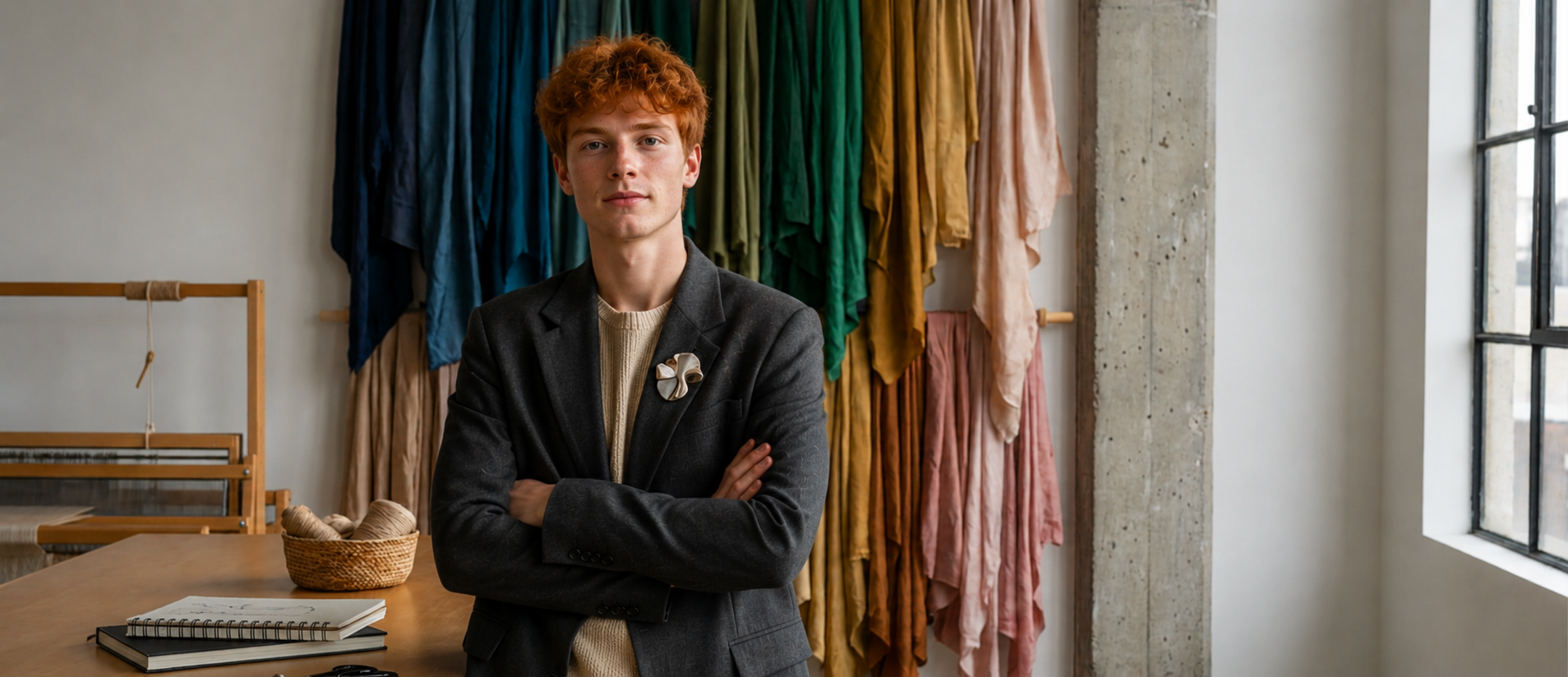 A young man with curly red hair stands with arms crossed inside a fabric studio, with colorful fabric rolls hanging behind him and a large window to the side.