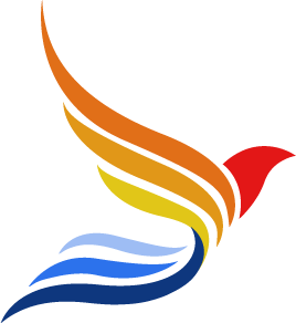 Stylized bird with multicolored feathers in orange, yellow, blue, and red