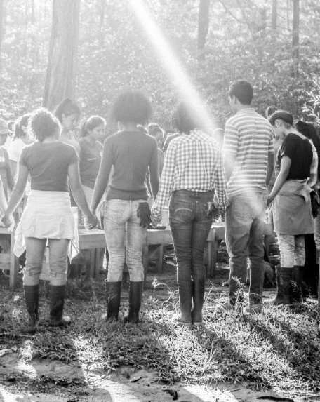 A group of people praying outdoors in a wooded area with sunlight streaming through trees.