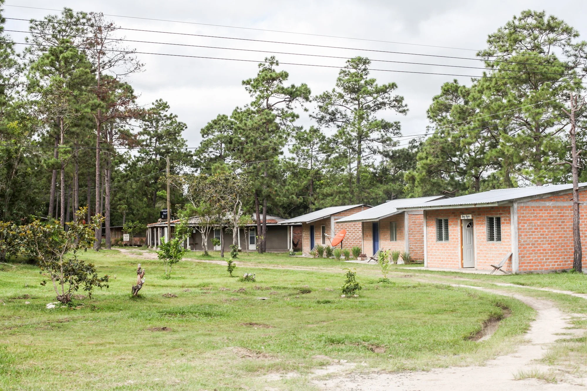 A row of single-story brick buildings with metal roofs in a grassy area surrounded by tall pine trees, cloudy sky overhead, power lines crossing above.