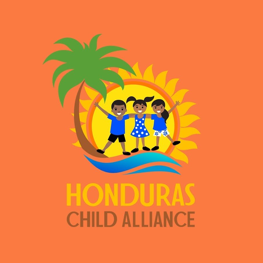 A colorful logo for Honduras Child Alliance featuring three children holding hands in front of a palm tree, sun, and waves, with the text "Honduras Child Alliance" below.
