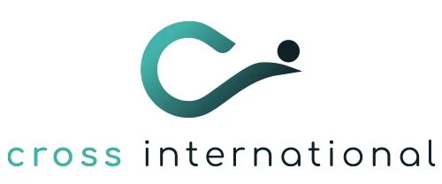 Cross International logo featuring a stylized person and the text 'cross international'