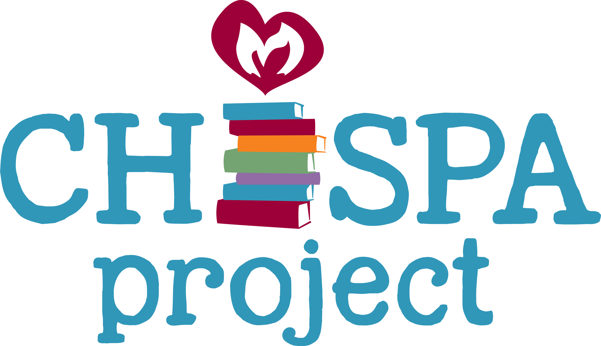 Colorful text reading 'CHESAPEAKE', with a stack of books forming the letter 'A' and heart-shaped flames above.