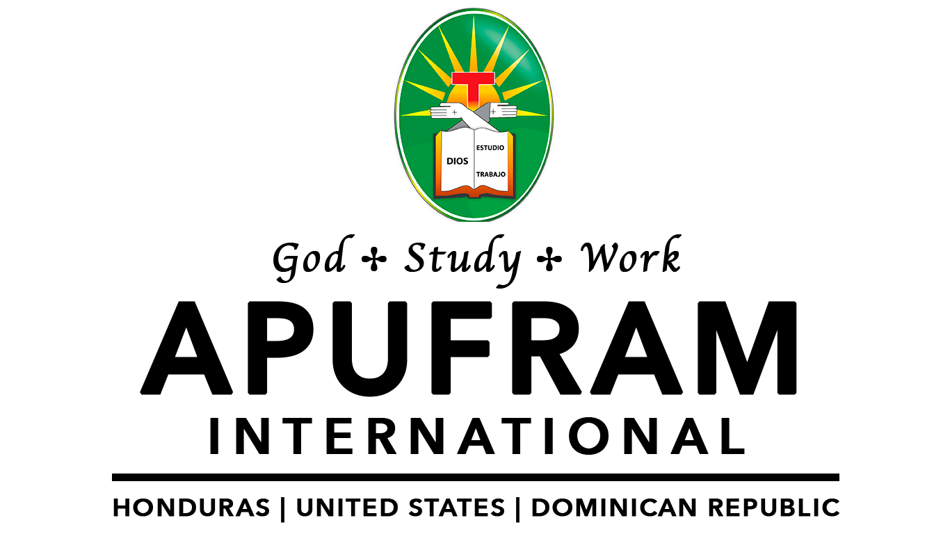 School emblem with a green background, a yellow sunburst, and a red cross above an white open book with the words "DIOS", "ESTUDIO", and "TRABAJO". A white arrow pointing right is to the right of the emblem.