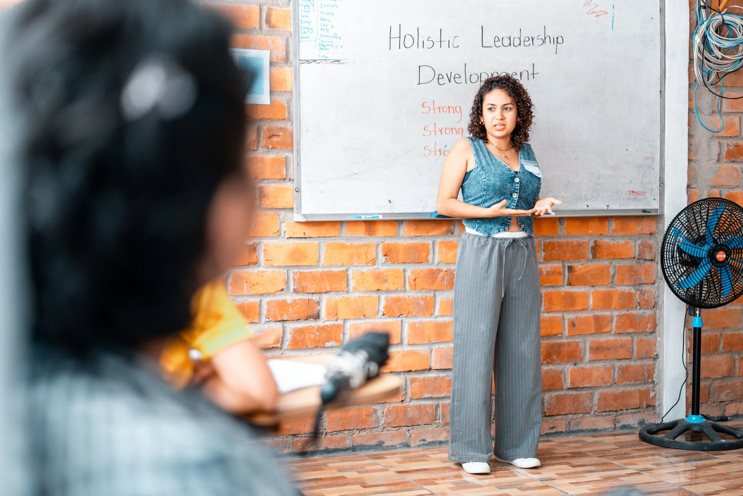 A woman with curly hair and a denim vest stands in front of a whiteboard with the words 'Holistic Leadership Development' written on it, while a person in the foreground appears to be taking notes.