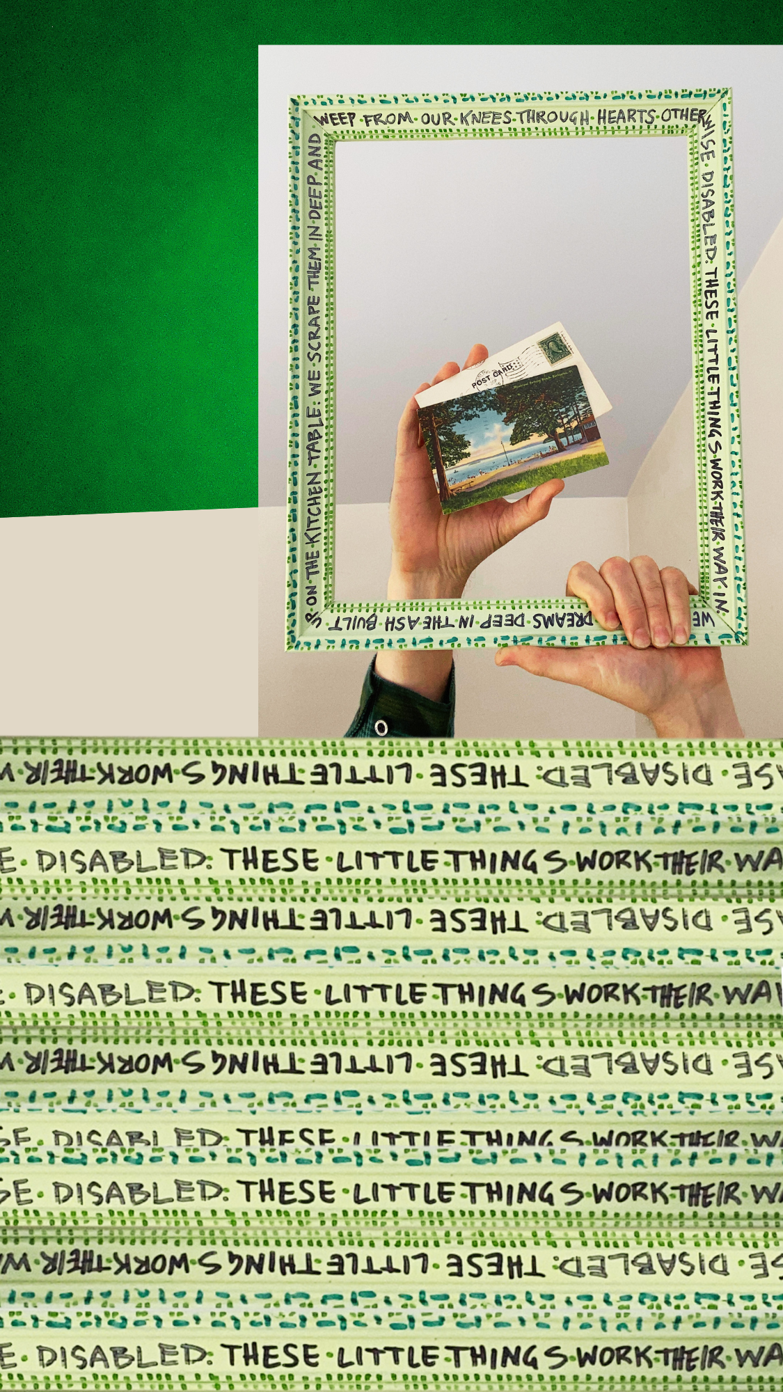 Hands holding a small postcard with a beach scene surrounded by a green picture frame containing lyrics.