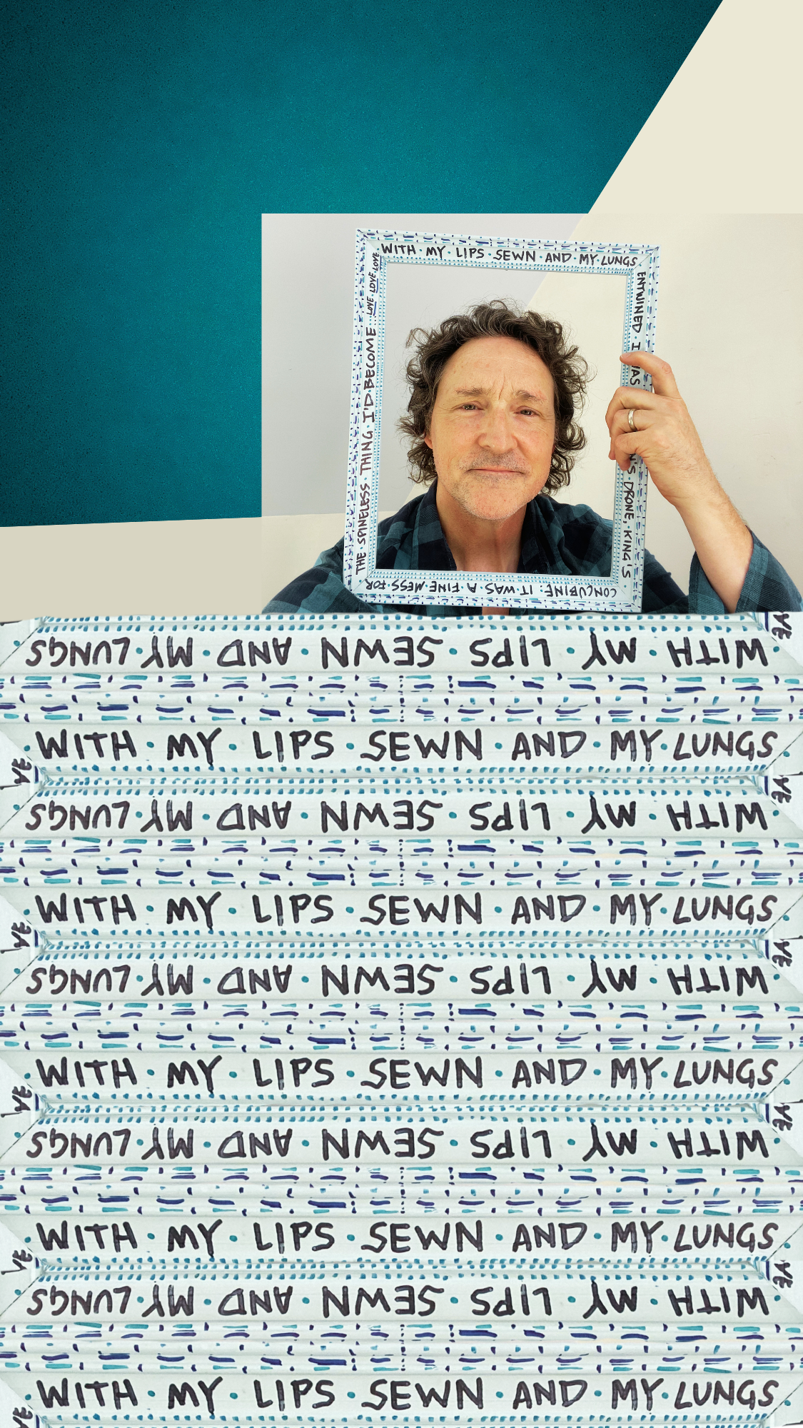 Photo of Talley Summerlin posing with a blue picture frame containing lyrics around his face.