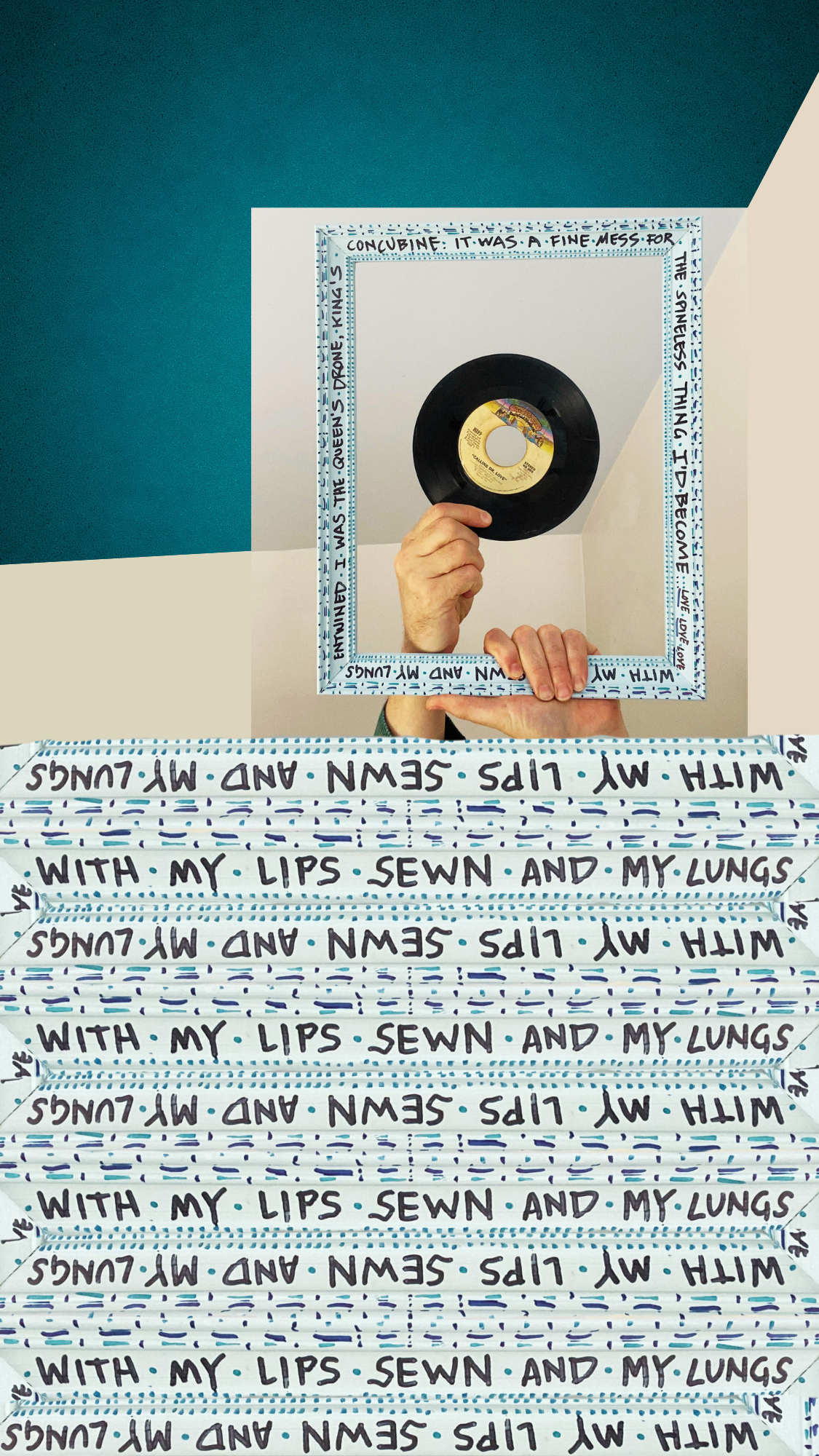 A person holding a vinyl record inside a green frame with handwritten lyrics around the edges.