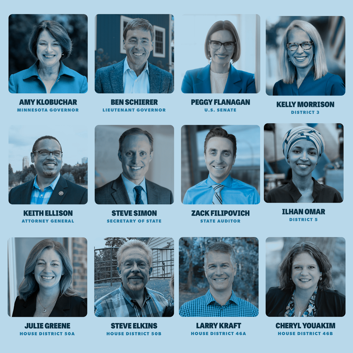 Images of DFL-endorsed candidates: Amy Klobuchar (governor), Ben Scheier (Lt Governor), Kelly Morrison (CD3 Congress), Keith Ellision (MN Attorney General), Steve Simon (MN Secretary of State), Filipovich (MN State Auditor), Ilhan Omar (CD5 Congress)