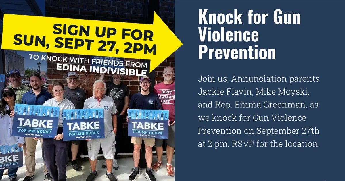 Sign up for Sun, Sept 27, 2pm to Kock for Gun Violence Prevention with Brad Tabke and parents from Annunciation School
