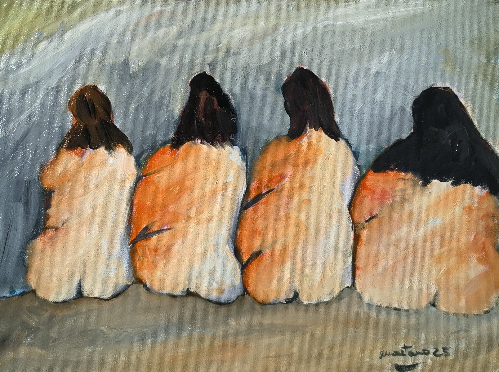 **Tecnica:** Olio su tela
**Finiture:** Opera montata su telaio. Incorniciatura disponibile su richiesta.
**Dimensioni:** 30 × 40 cm

**Su quest'opera**

Quattro figure femminili, ritratte di spalle e raccolte in un silenzio condiviso, raccontano la 