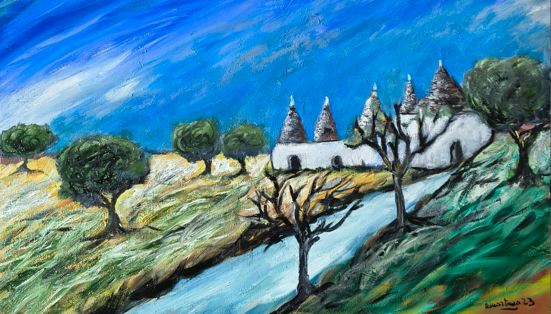 **Tecnica:** Olio su tela
**Finiture:** Opera montata su telaio. Incorniciatura disponibile su richiesta.
**Dimensioni:** 90 × 60 cm

**Su quest'opera**

*L'eternità dei trulli* nasce dal desiderio di raccontare un paesaggio che custodisce la memoria