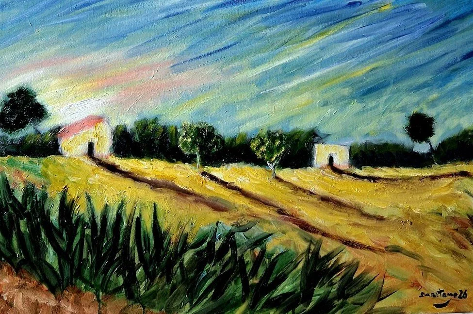 **Tecnica:** Olio su tela
**Finiture:** Opera montata su telaio. Incorniciatura disponibile su richiesta.
**Dimensioni:** 40 × 60 cm

**Su quest'opera**

Con quest'opera ho voluto fermare l'istante in cui la campagna salentina si risveglia alla luce 