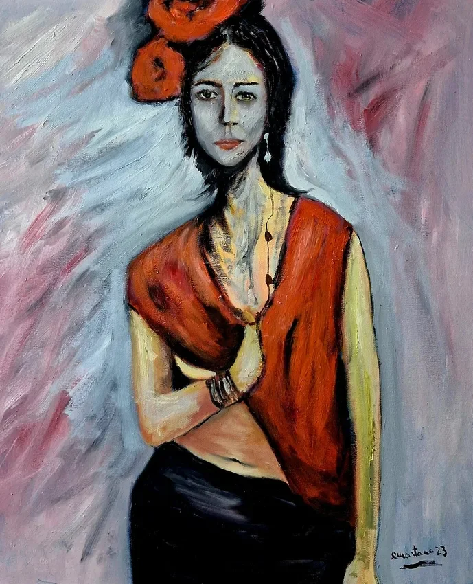 **Tecnica:** Olio su tela
**Finiture:** Opera montata su telaio. Incorniciatura disponibile su richiesta.
**Dimensioni:** 60 × 50 cm

**Su quest'opera**

In questo ritratto ho cercato di raccontare la forza silenziosa dello sguardo e l'intensità dell