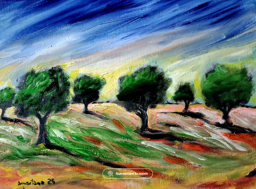 **Tecnica:** Olio su tela
**Finiture:** Opera montata su telaio. Incorniciatura disponibile su richiesta.
**Dimensioni:** 50 × 40 cm

**Su quest'opera**

*L'urlo degli ulivi* nasce dall'intento di rappresentare la forza espressiva della natura, trasf