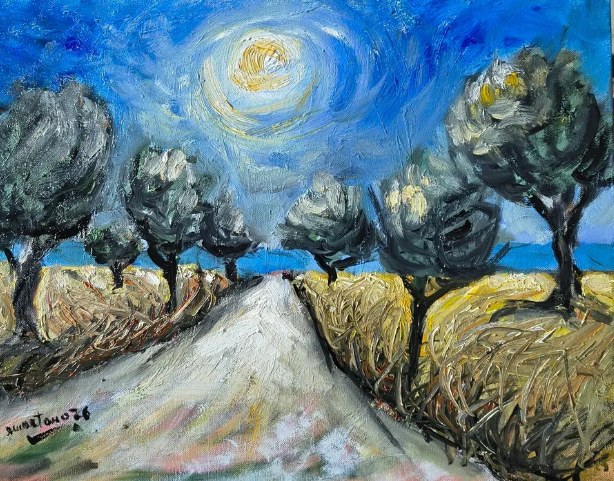 **Tecnica:** Olio su tela
**Finiture:** Opera montata su telaio. Incorniciatura disponibile su richiesta.
**Dimensioni:** 50 × 40 cm

**Su quest'opera**

*Il sentiero degli ulivi* racconta un paesaggio che appartiene tanto alla memoria quanto all'imm