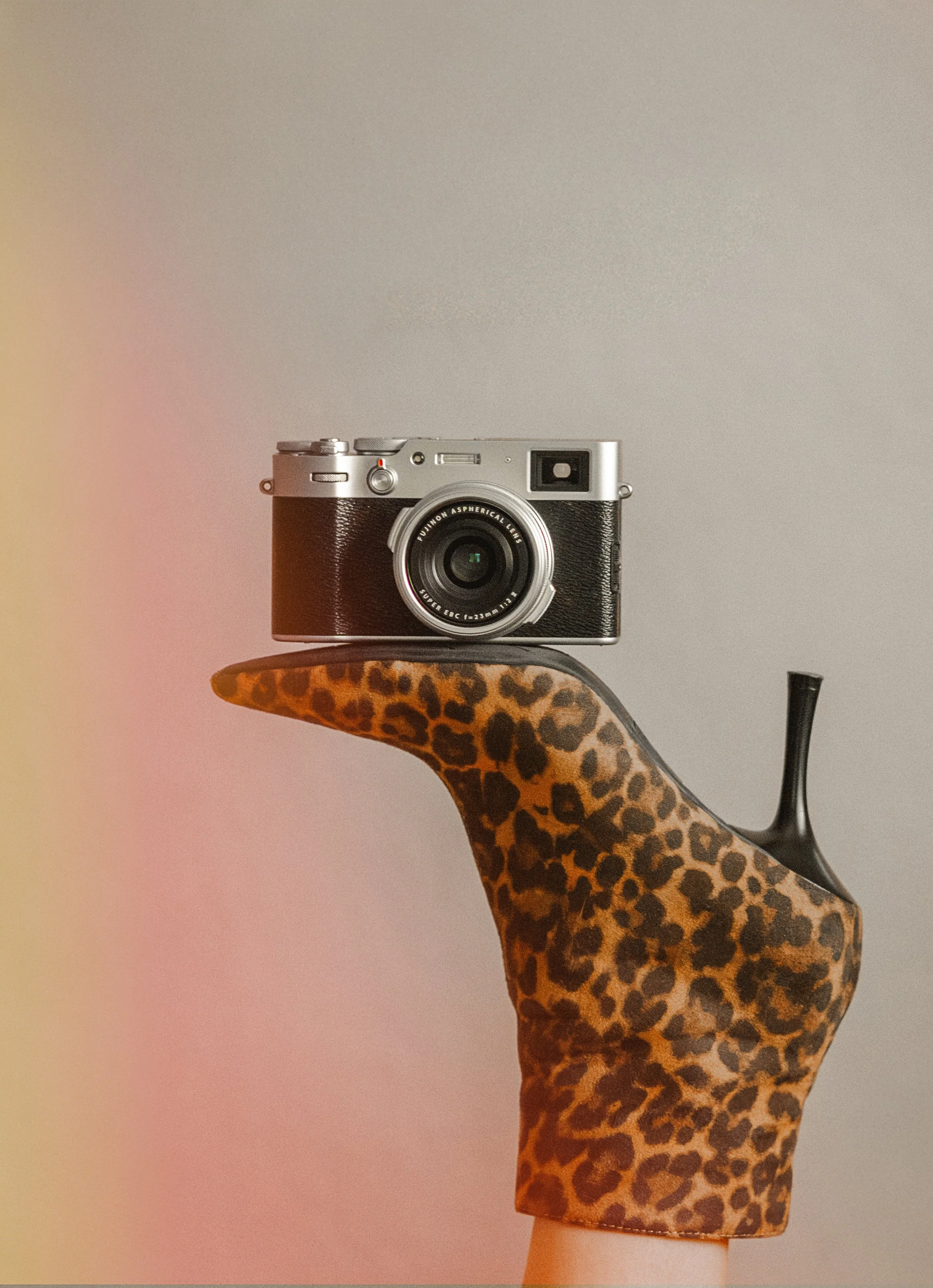 A leopard print shoe heel with a camera resting on top, against a plain background.