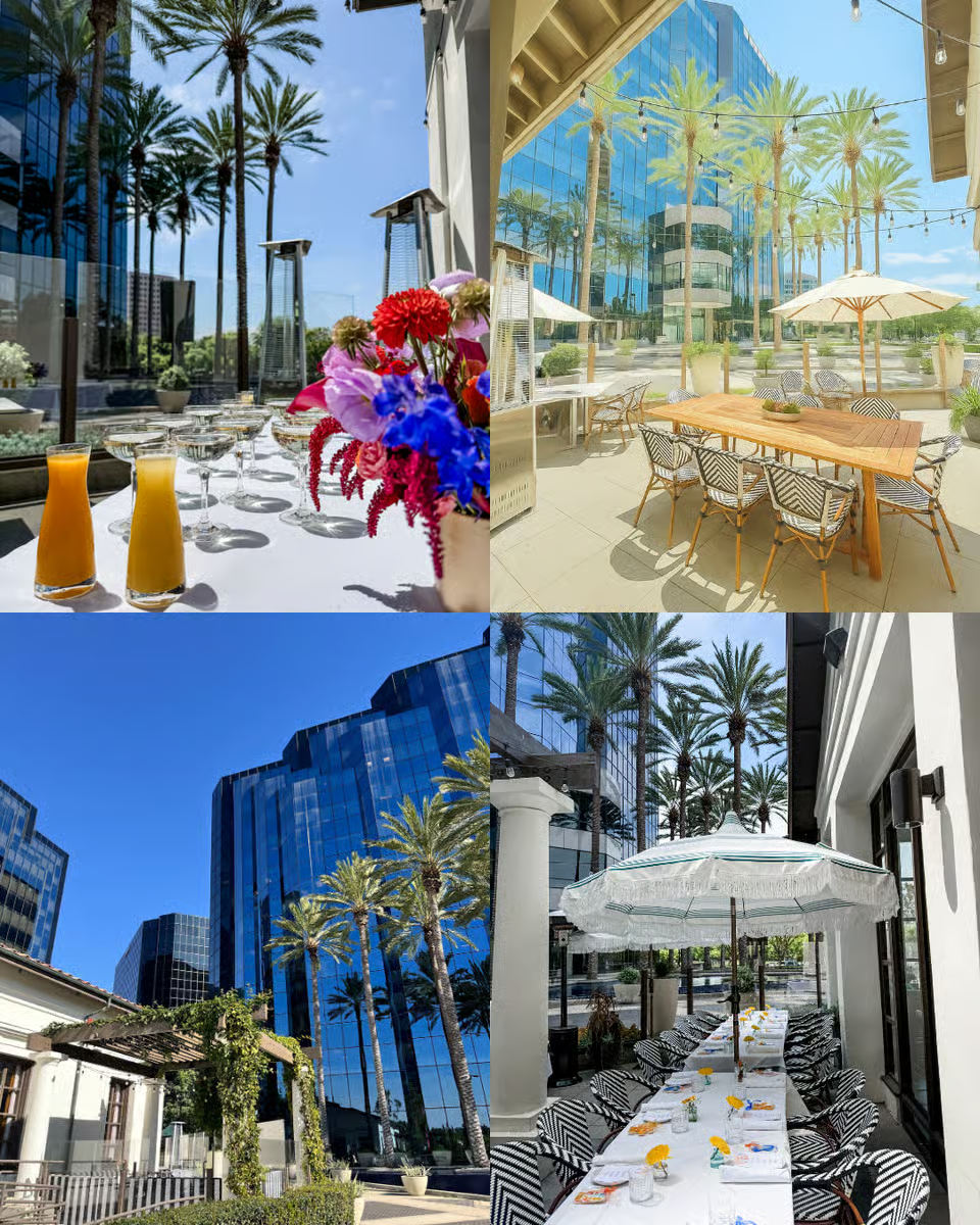 The images depict outdoor dining and patio areas in a modern city with tall glass buildings and palm trees. One scene features a table set with glasses and orange drinks, with a colorful flower arrangement in the foreground. Another scene shows a shaded patio area with a wooden table, chairs, and umbrellas. The third scene displays a long table set for a meal, with a white tablecloth, floral centerpieces, and umbrellas, surrounded by high-rise buildings and palm trees.