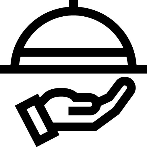 A black and white icon of a hand holding a domed food tray.