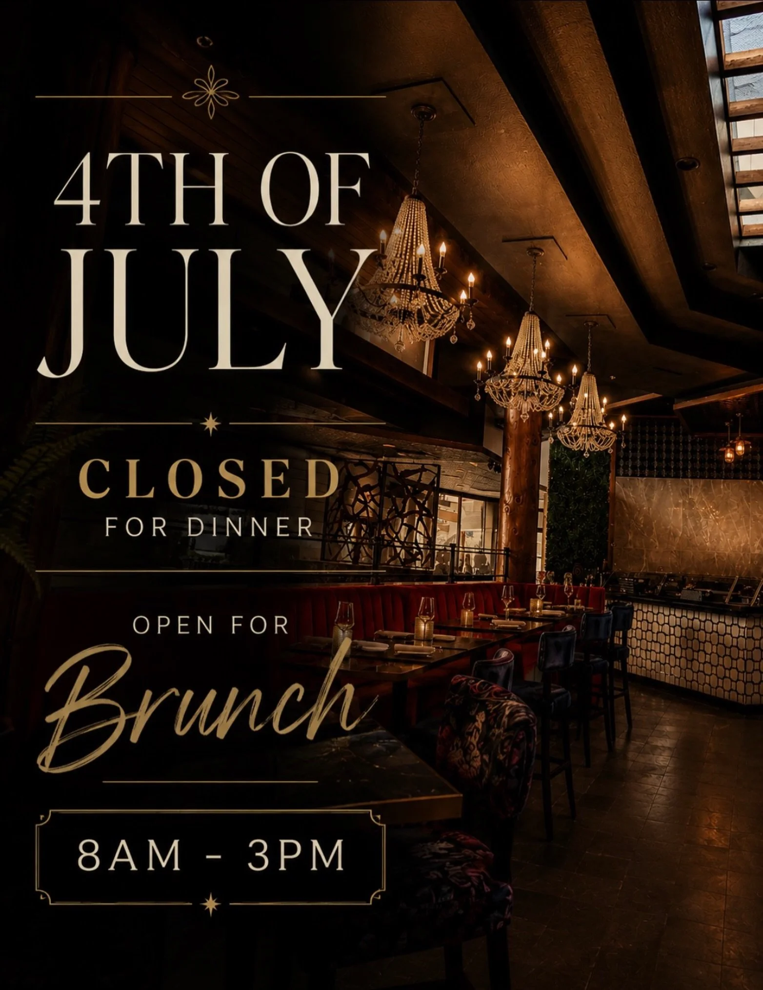 ✨ Holiday Hours at Fable ✨

Celebrate the 4th of July with brunch before the festivities begin🥂

🇺🇸 Saturday, July 4
☀️ Open for Brunch: 8AM&ndash;3PM
🌙 Closed for Dinner

Join us for your brunch favorites, craft cocktails, and a relaxed holiday 