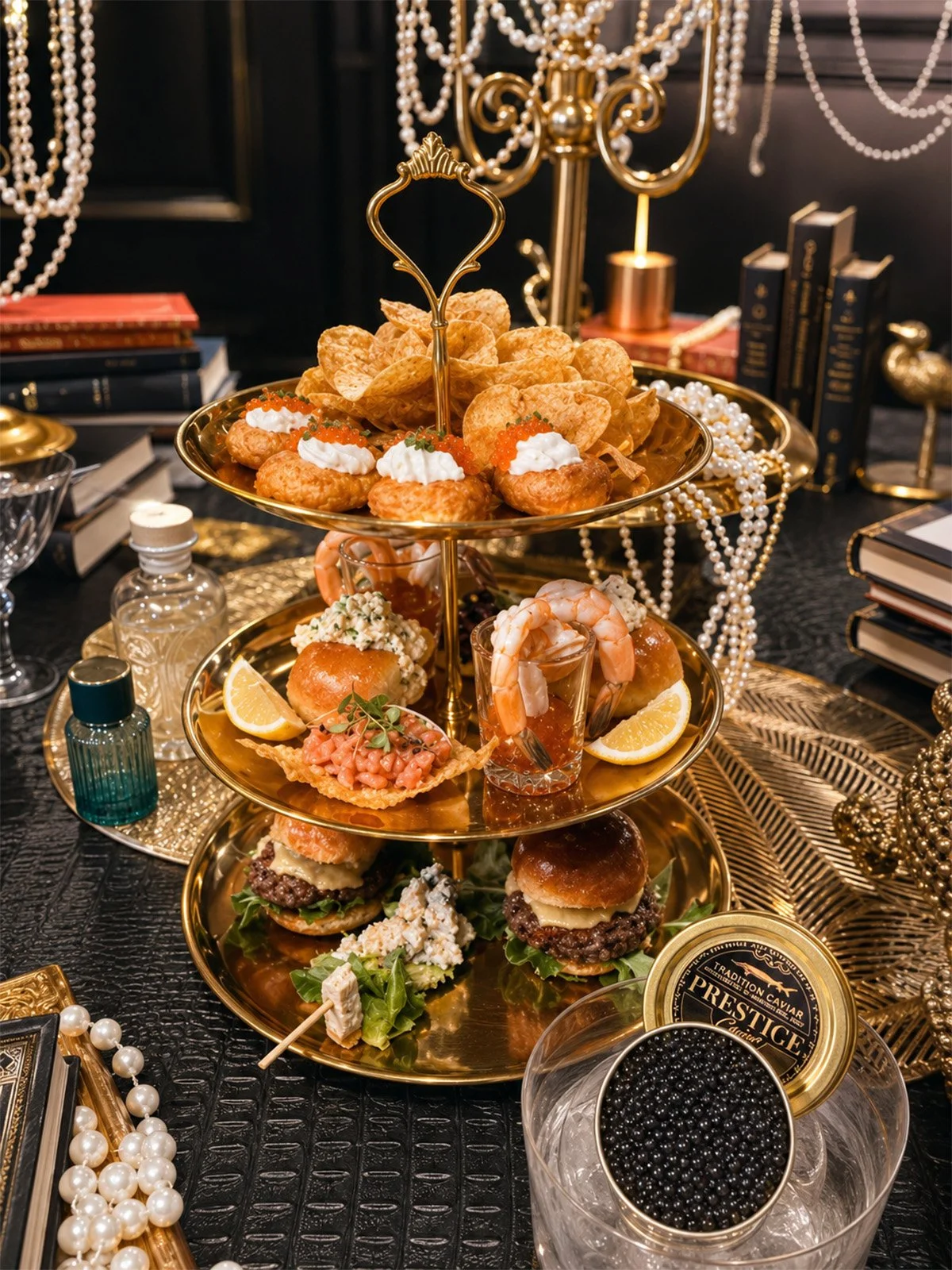a gold tower of dinner items featured