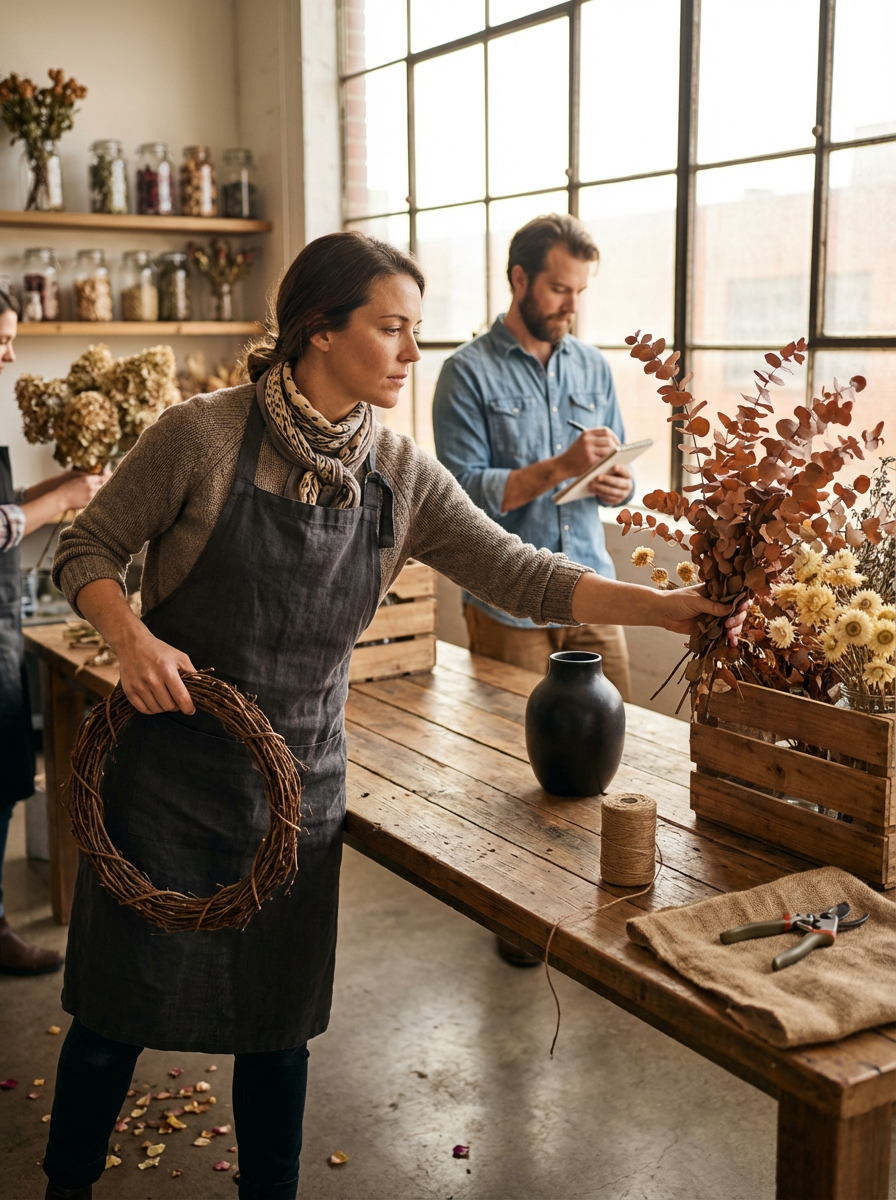 A woman arranges dried flowers in a wooden crate in a floral shop while holding a grapevine wreath. In the background, a man is writing on a notepad, and another person is working with flowers. The shop has large industrial windows and wooden shelves with jars of various flower arrangements.