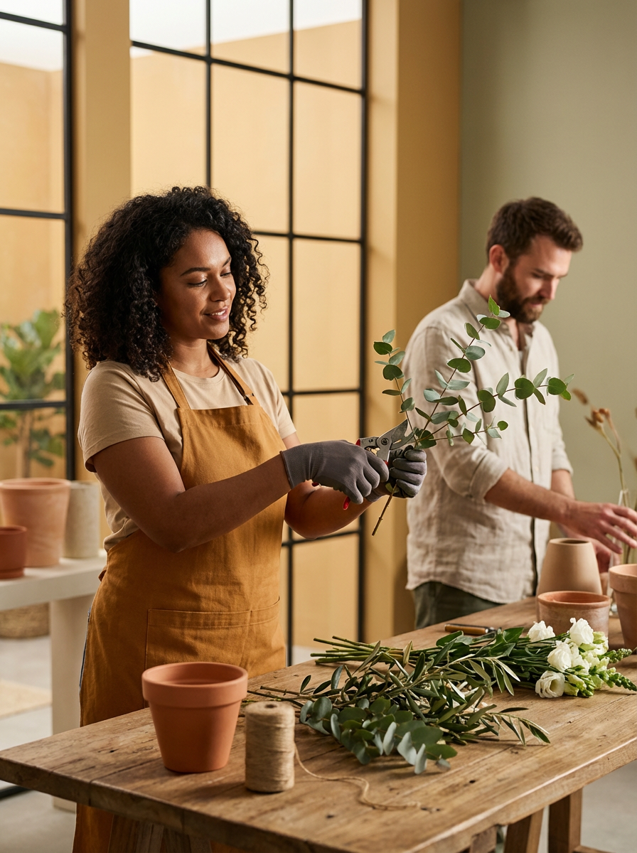 Two people working on floral arrangements at a wooden table with flowers, greenery, and flower pots indoors.