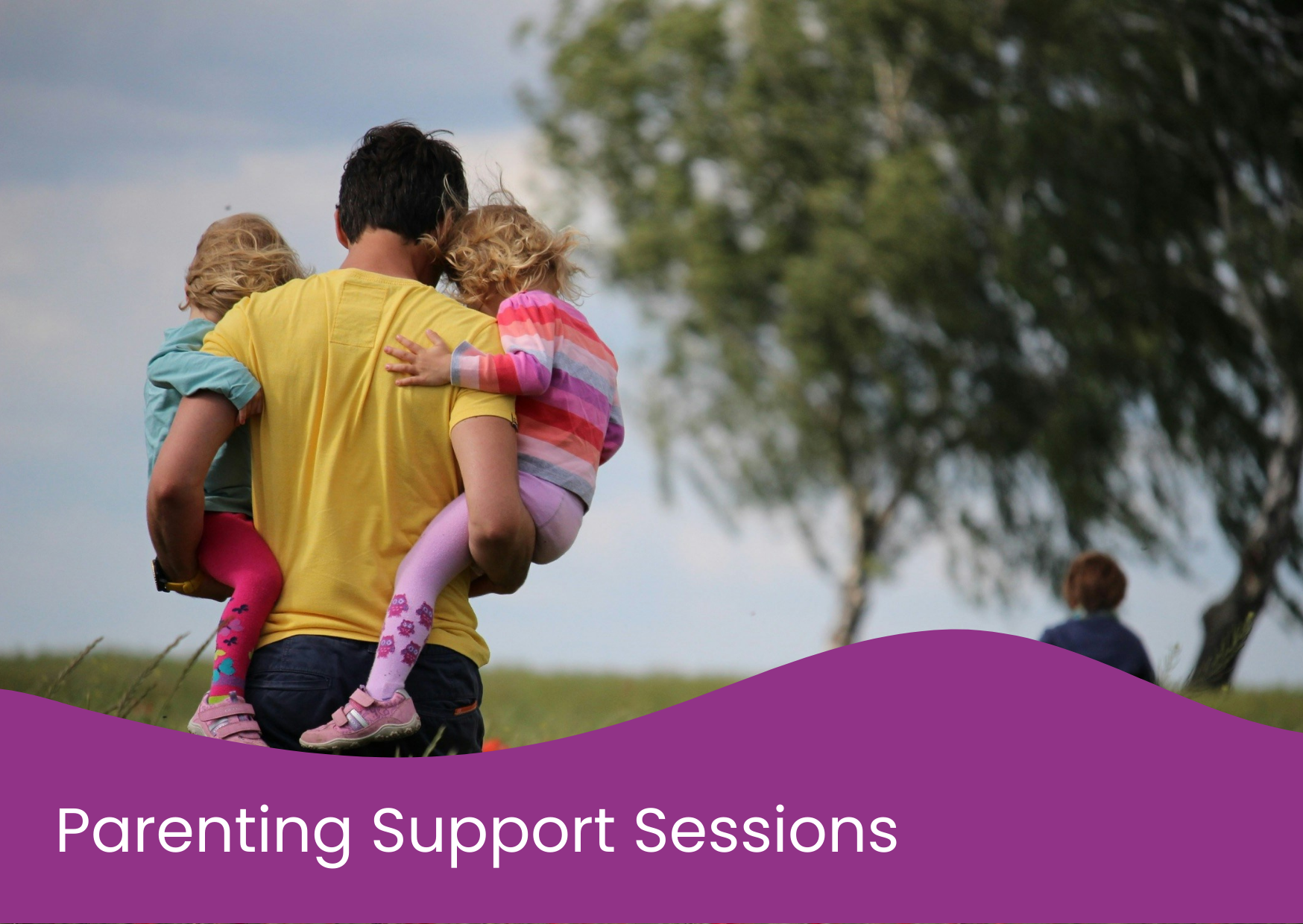 Photo of a person carrying two children on their shoulders outdoors, with trees and a cloudy sky in the background. The image is part of a promotional banner for parenting support sessions.