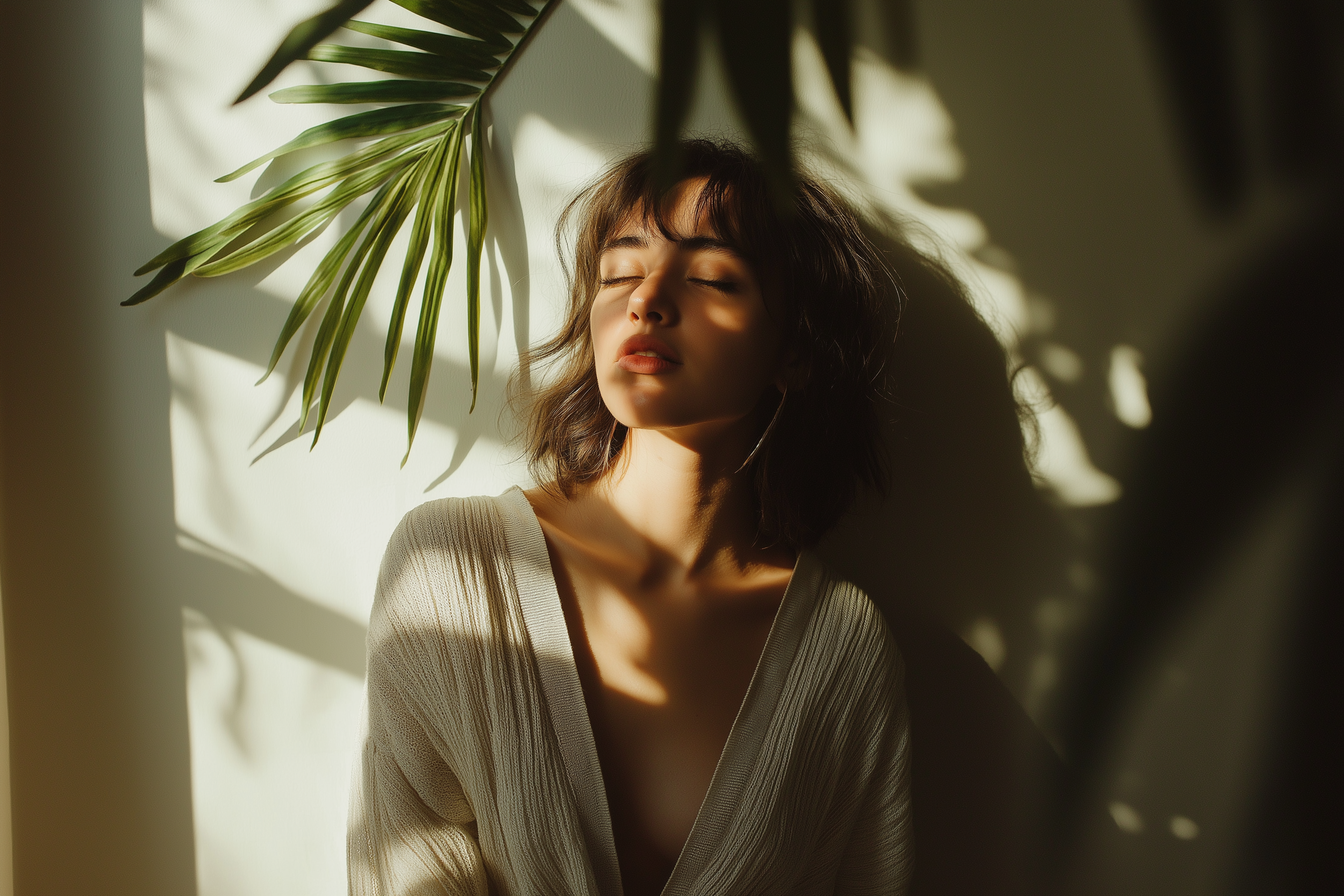 A young woman with her eyes closed, sunlight and shadows cast by leaves on her face and shoulder, a relaxed atmosphere.