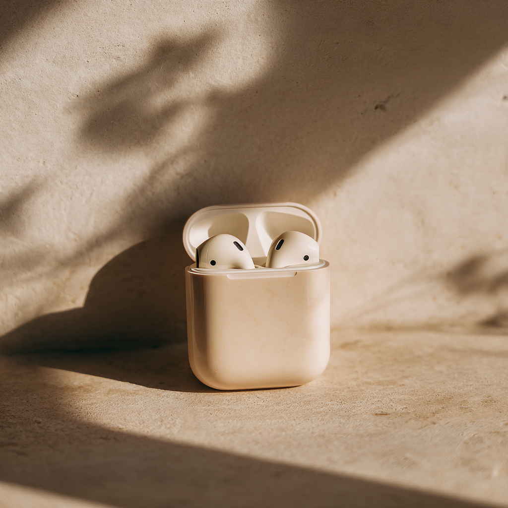 White wireless headphone case – symbolic image for mindfulness exercises and podcasts