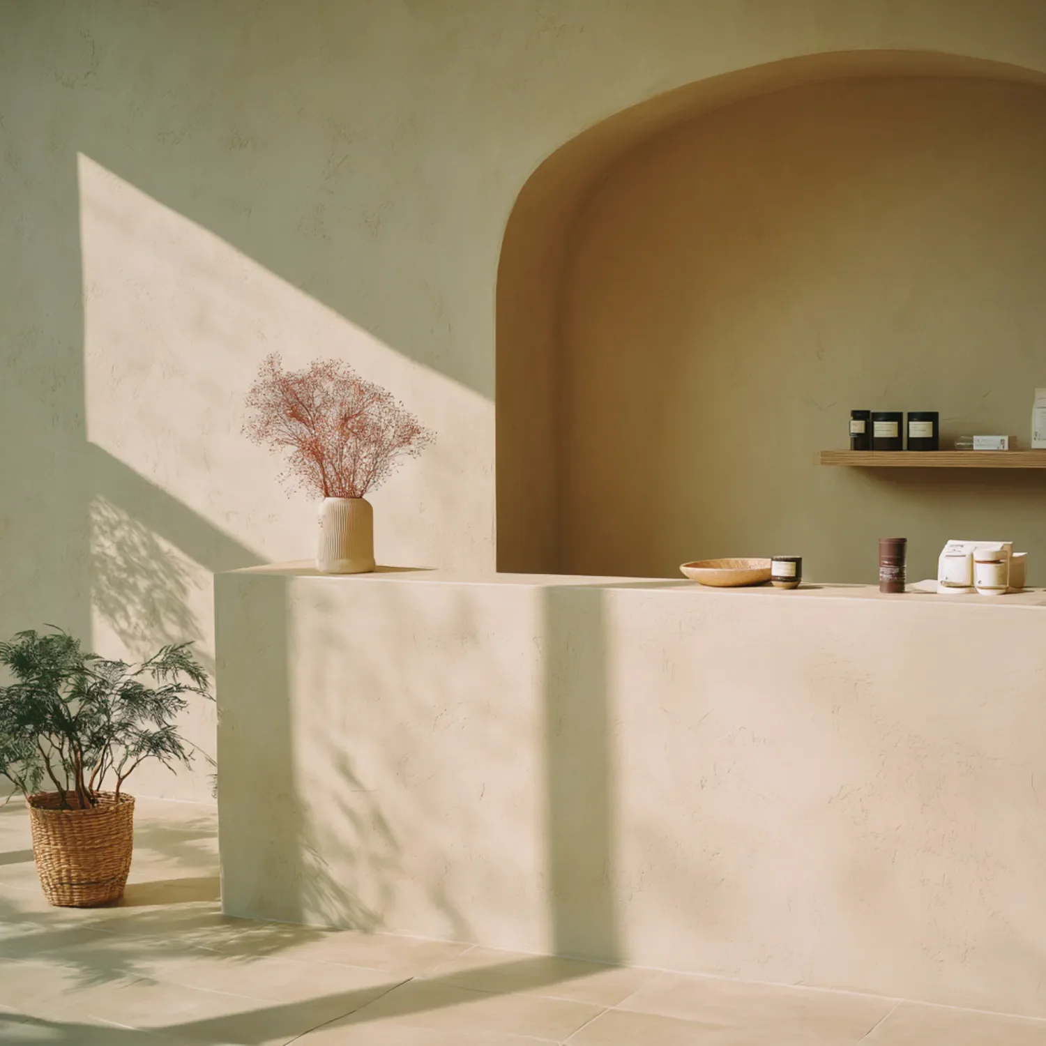 A minimalist room with cream-colored walls and an artificial plant in a basket. On a white shelf are various pots, a bowl, and a candle, all featuring a minimalist design. An arch in the background creates a decorative niche.