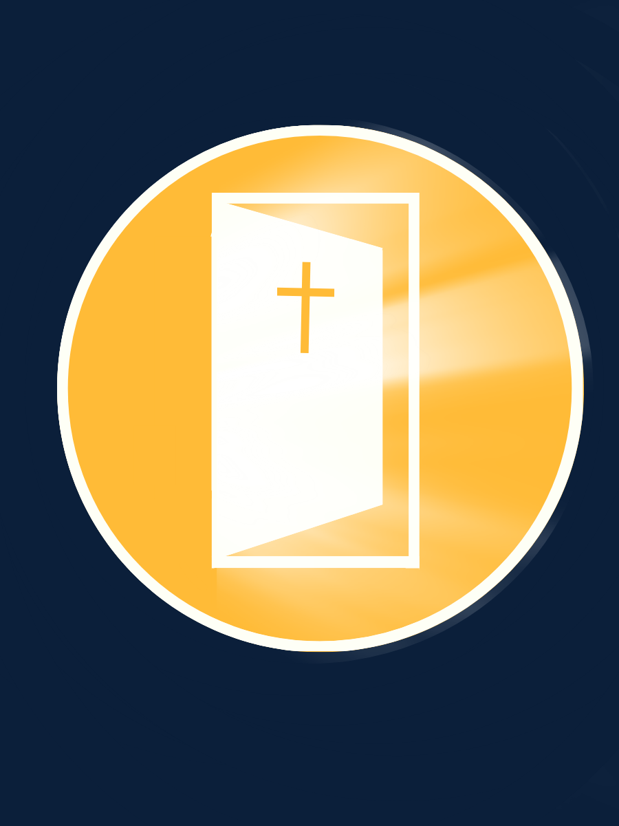 Open door with cross symbol, glowing light emanating from it