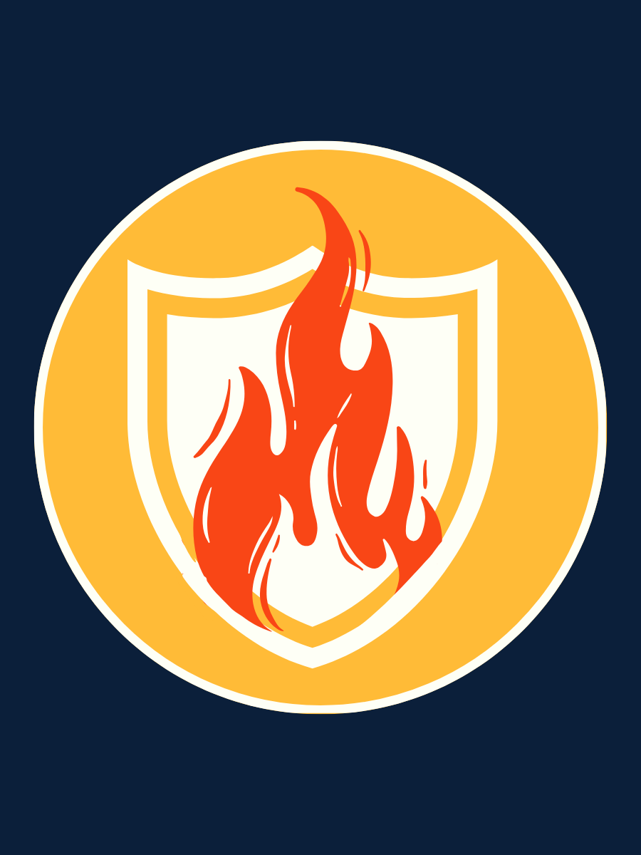 A badge with a shield outline and flames in the center, used as a fire safety or fire department emblem.