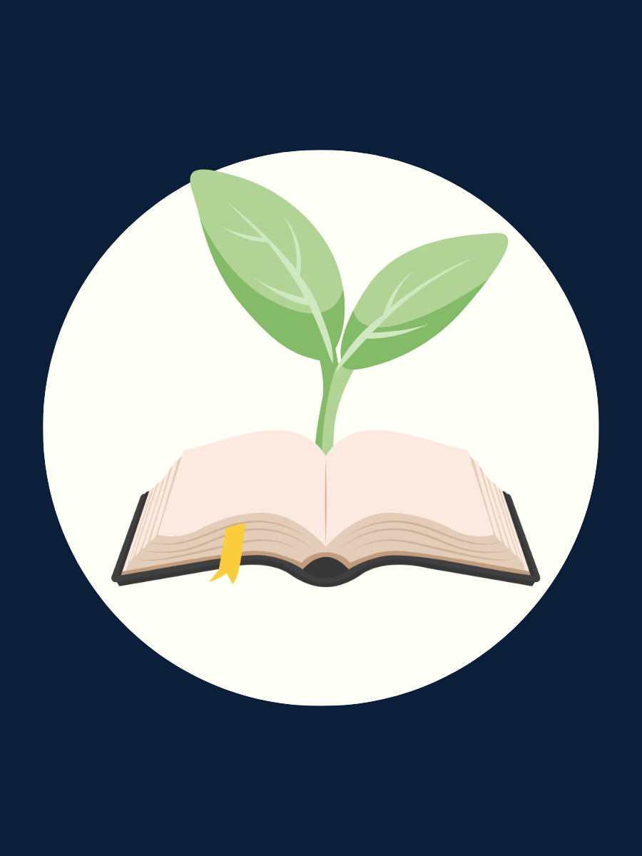 Open book with a plant sprouting from its pages, symbolizing growth through knowledge.