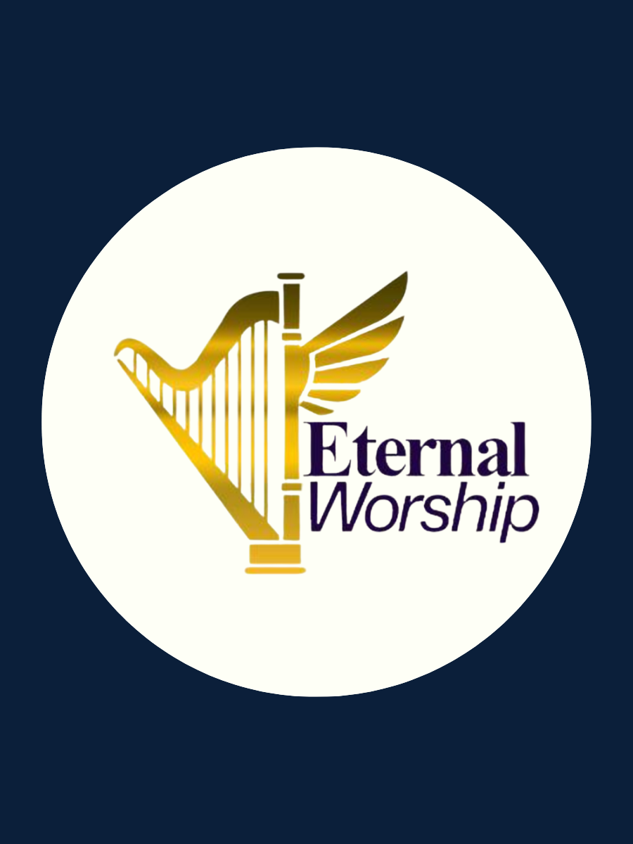 A logo with a gold harp that has wings, accompanied by the text "Eternal Worship" in purple on a white circular background.