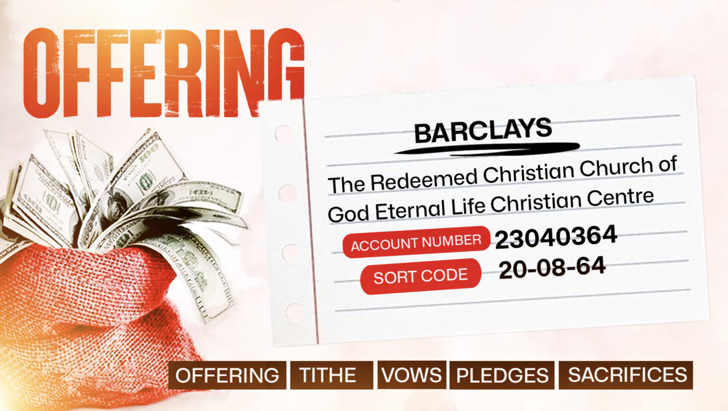 Red offering bag and donation card for tithes and offerings.