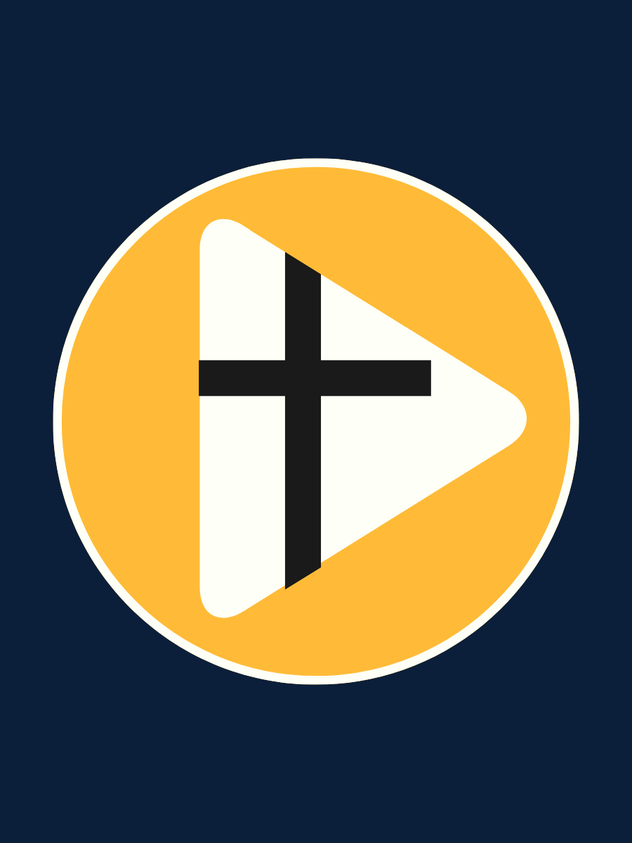 Circular icon with a yellow background, featuring a black Christian cross and a white play button.