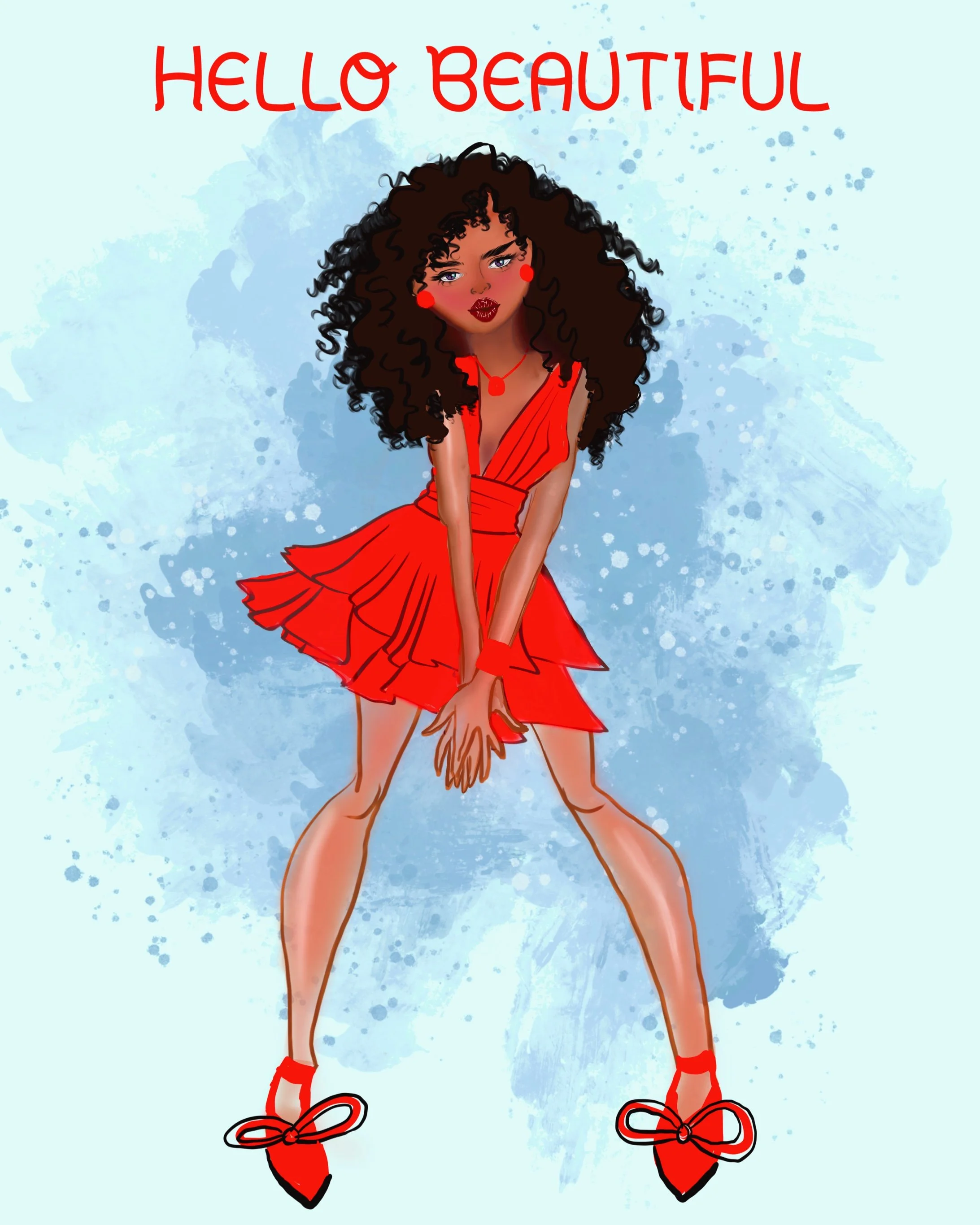 Digital illustration of a woman with curly hair in a red dress with ruffled skirt, red shoes with bows, and jewelry, with the text 'Hello Beautiful' above her head on a light blue background with watercolor splashes.