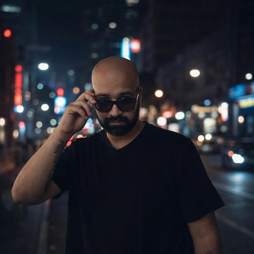 Cinematic portrait of ChrisGambler, lead sports betting analyst at ChrisGambler.com, in a city at night.