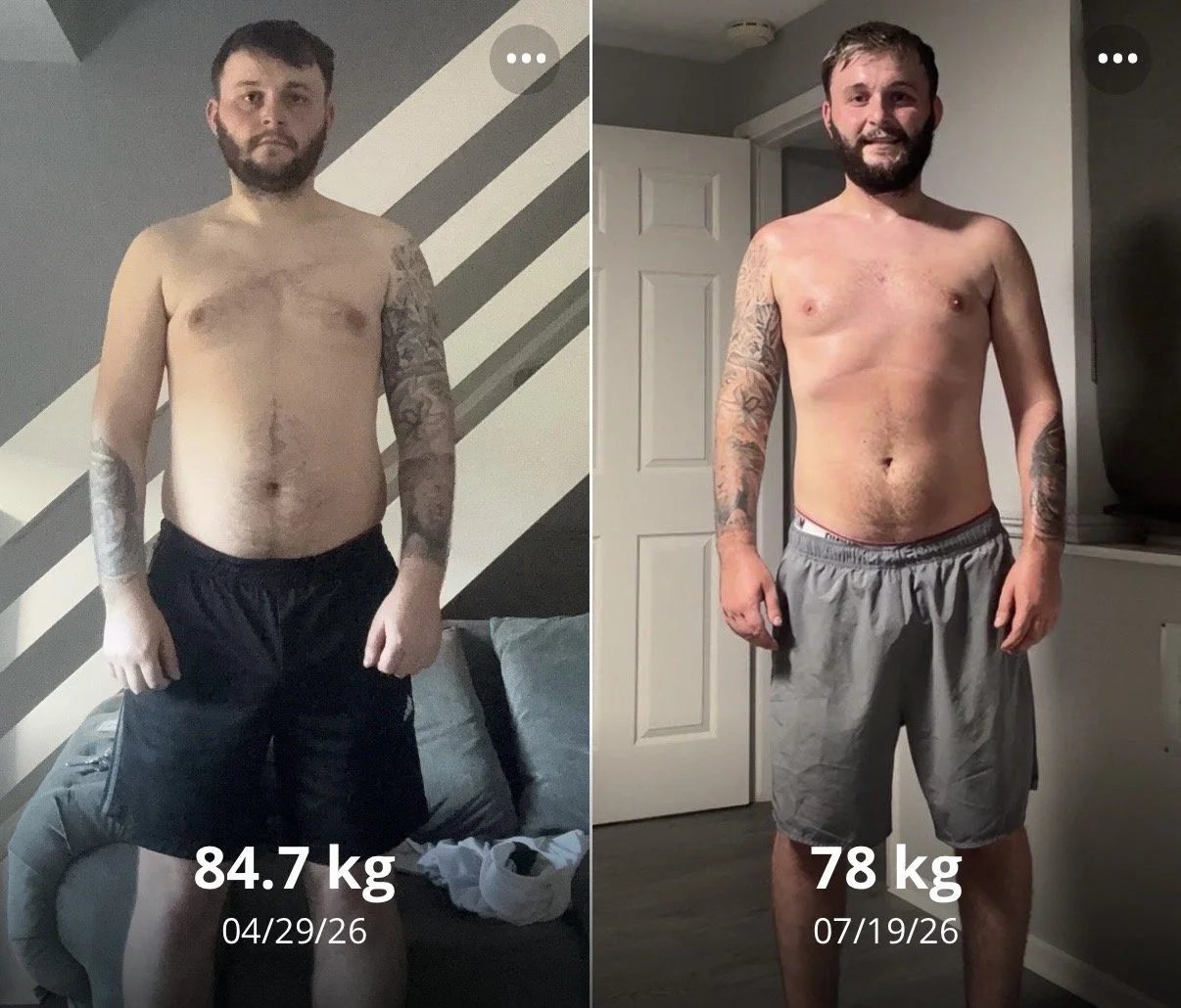 Side-by-side comparison of a shirtless man with tattoos, showing his weight loss progress over three months from 84.7 kg on April 29, 2026, to 78 kg on July 19, 2026.