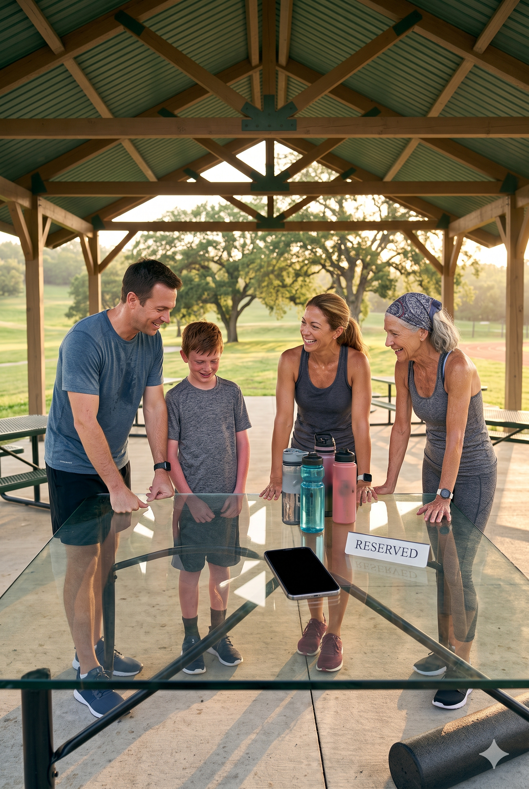 Four people, including a young boy, stand at a glass table under a wooden pavilion in a park, smiling and looking down at items on the table, which include water bottles, a smartphone, and a reserved sign.