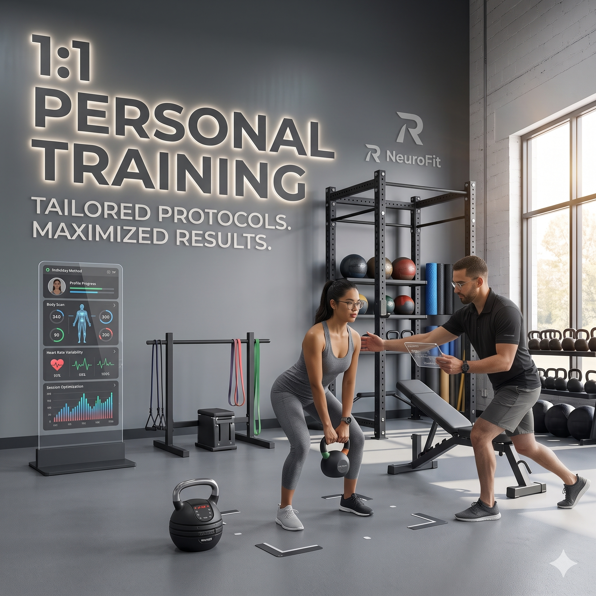 A gym or fitness studio with people exercising. There is a large sign on the wall that says 'PERSONAL TRAINING' with a smaller text below. Two people are visible, one woman sitting and a man standing, both dressed in workout clothes. Gym equipment such as medicine balls, resistance bands, a water ball, and a weight rack are also visible, along with digital fitness tracking displays on the wall.